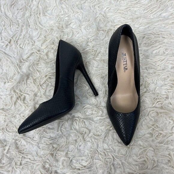 Just Fab Fallon 4.5" Black Textured Heel Women's 7.5 Pump Faux Snakeskin NWOT - Picture 2 of 10